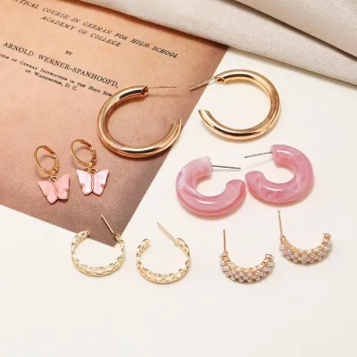 Korean Fashion Pink Butterfly Drop Earrings Set (5 pairs)